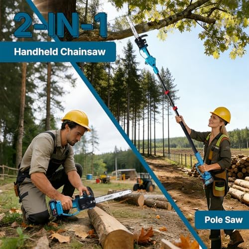 12 Inch Electric Pole Saws for Tree Trimming, 2-in-1 Cordless Pole Saw with 2 x 4.0Ah Battery Powered Chainsaw Lightweight with Shoulder Strap for Thicker Wood Cutting Pruning