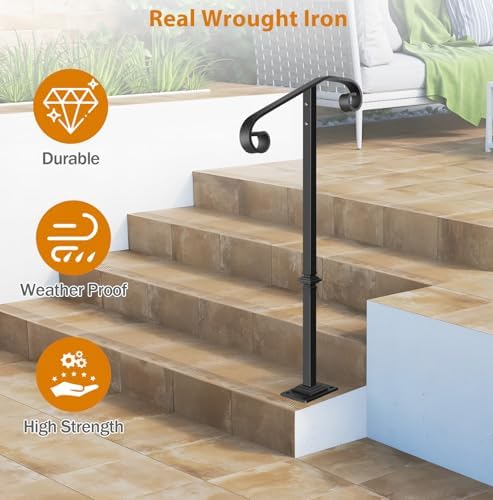 Handrail Railing, Single Post Handrail, Sturdy Outdoor Handrails with Base, Wrought Iron Stair Handrail Fits 1 or 2 Steps, Grab Rail for Steps Porch, Black | Wrought Iron Stair Handrail, Grab Rail for Steps Porch, Sturdy Outdoor Handrails with Base, Black