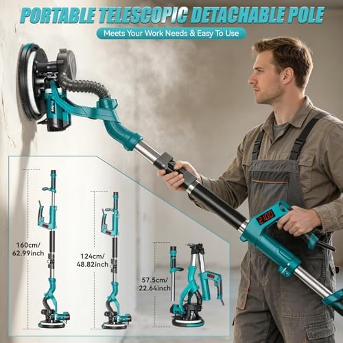 Drywall Sander, 1000W Popcorn Ceiling Removal Tool, Electric Drywall Sander with Vacuum Dust Collection & Digital Display Screen, 30Pcs Sanding Discs, 9 Variable Speed 800-2100RPM, Extendable Handle