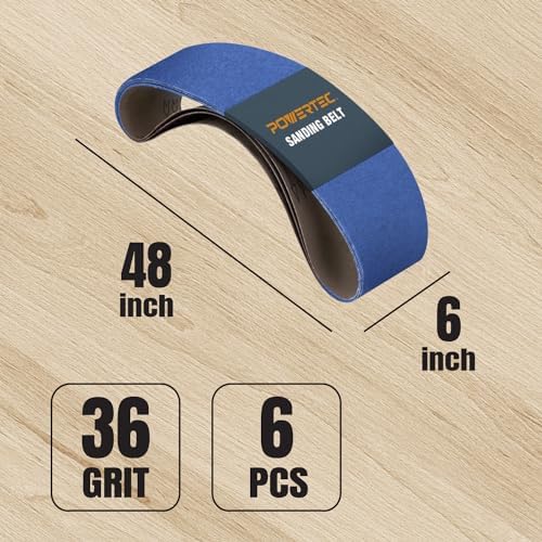 POWERTEC 6 x 48 Inch Zirconia Sanding Belts, 6PK, 36 Grit Belt Sander Sanding Belt for Bench Sander, Belt and Disc Sander, Woodworking & Paint Removal, Metal Polishing (4648036Z-3-P2)