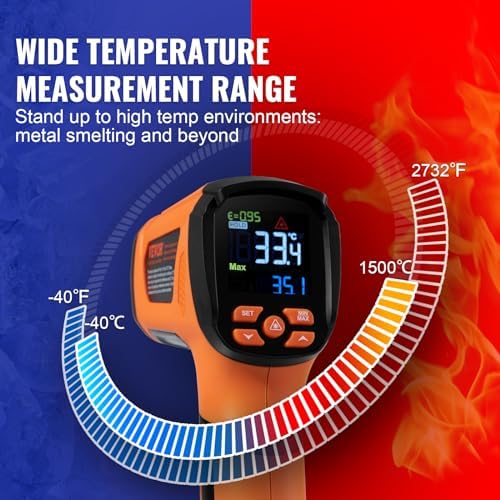 VEVOR Infrared Thermometer, -40°F~2732°F Dual Laser Temperature Gun Non-Contact, Handheld IR Heat Temperature Gun & Adjustable Emissivity for Metal Smelting/Cooking/Pizza Oven/Engine (Not for Human)