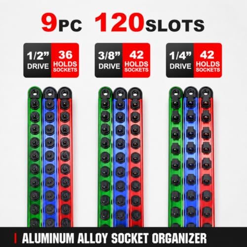 Magnetic Socket Organizer Set | 1/4" 3/8" 1/2" Socket Rail with 120 Clips | 9PCS Aluminum Alloy Socket Holder | Ratchet Organizer & Socket Organizer for Tool Box Drawer|Garage and Tool Cart