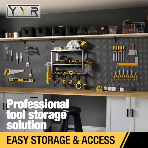 YYR Heavy Duty Power Tool Organizer Wall Mount, Cordless Drill Hanger Storage Rack, Battery Tools Holder with Charging Station Shelf for Garage Organization, Workshop, Pegboard, Shed - 16 Inch 4 Slots