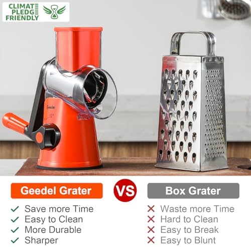 Geedel Rotary Cheese Grater, Kitchen Mandoline Vegetable Slicer with 3 Interchangeable Blades, Easy to Clean Rotary Grater Slicer for Fruit, Vegetables, Nuts