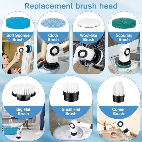 Electric Spin Scrubber, Electric Cleaning Brush, Multifunctional 360 Automatic Rotation Cordless Spin Scrubber with 7 Replaceable Brush Heads for Cleaning Bathroom Kitchen and Floor