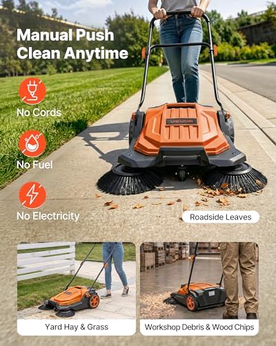VEVOR Walk-Behind Hand Push Floor Sweeper, Manual Floor Sweeper Non-Electric with 25.6" Sweeping Width, 5 Gallons Waste Container & Adjustable Folding Handle for Yards Walkways Patios Garages - Orange