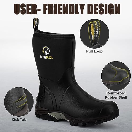 Kalkal Rubber Boots for Men, Waterproof Insulated Mid Calf Mens Rain Boots