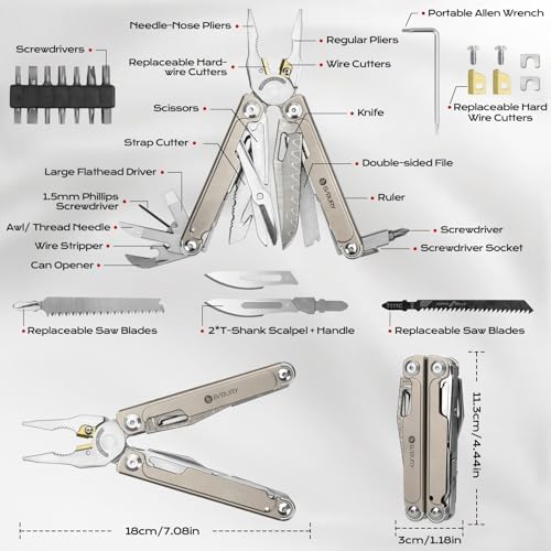 BIBURY Titanium Alloy Multitool Kit, BI2049TI with Damascus Knife, BI2048DT with Belt Clip, EDC Multi tools for men, Valentines Day Gifts for Him