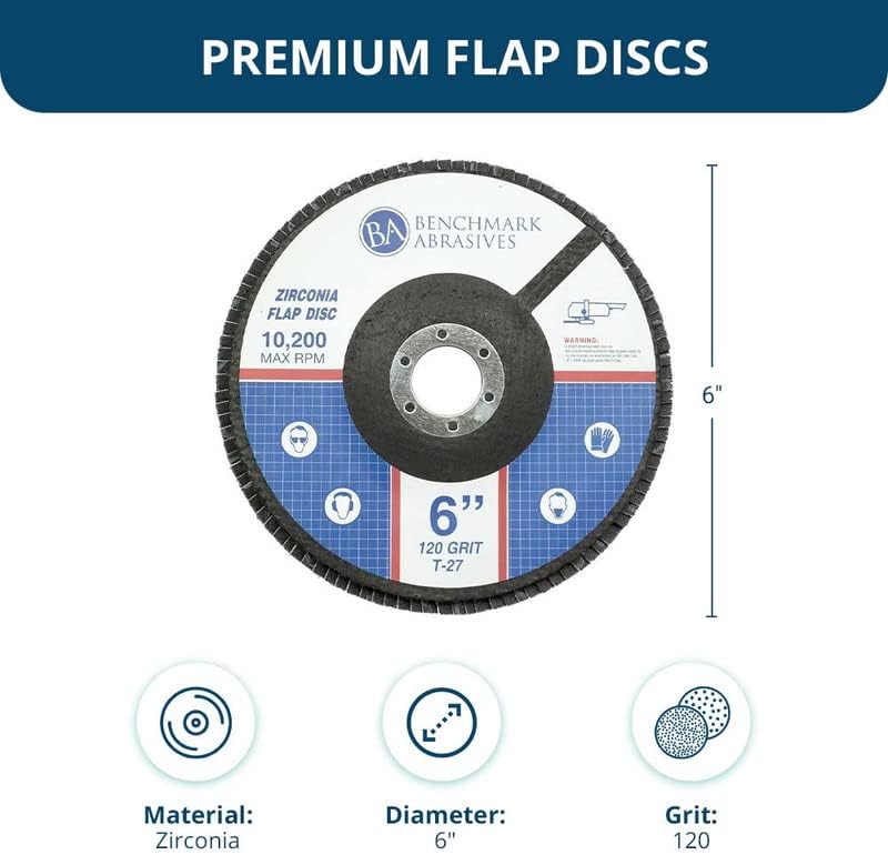 Benchmark Abrasives 6" x 7/8" Premium High Density Jumbo Zirconia Type 27 Flap Discs for Angle Grinder, 6 Inch Sanding Discs, Finishing, Deburring, Rust Removal - (10 Pack) 120 Grit