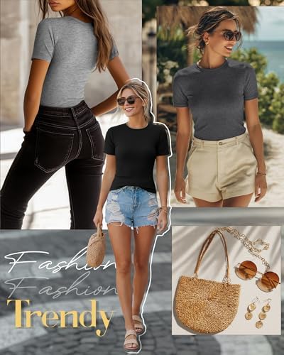 Ficerd 3 Pack Women's Ribbed Short Sleeve T-Shirts