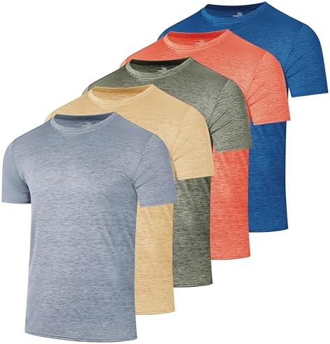5 Pack Men's Dry Fit Workout T Shirts Crew Neck Athletic Gym Running Tees