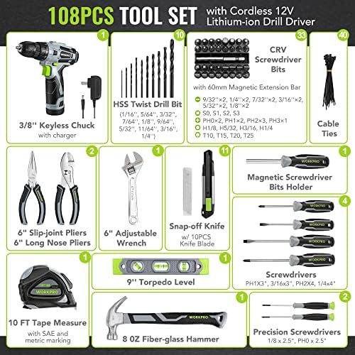 WORKPRO 12V Cordless Pink Drill Set for Women, Home Tool Kit with Tool box