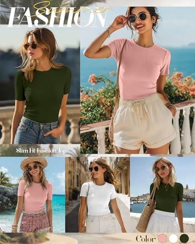 Ficerd 3 Pack Women's Ribbed Short Sleeve T-Shirts