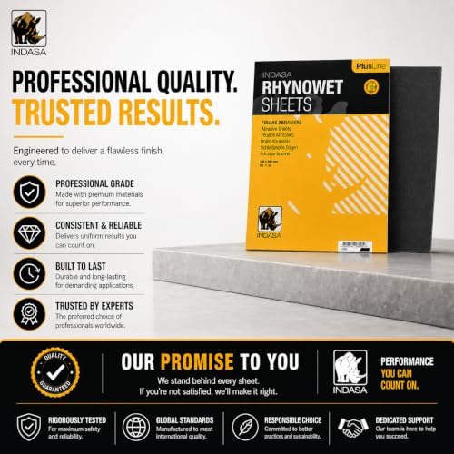 Indasa 50 PCS 9x11” Wet & Dry Sandpaper Sheets,1500 GRIT, Clog-Resistant Abrasive for Wood, Metal, Auto, Paint & Clear Coat Finishing, Sand Paper, Plusline Silicon Carbide, Plusline