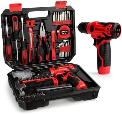 KingTool 156-Piece Red Tool Kit, 8V Cordless Drill for Home Repairs & DIY