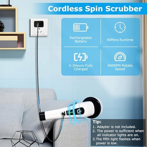 Electric Spin Scrubber, Cordless Telescopic Rechargeable Cleaning Brush, 8 Replaceable Heads, 2 Speed Adjustable for Bathroom & Floor