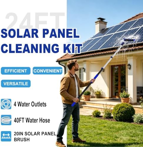 Buyplus 30FT Reach Solar Panel Cleaning Brush Kit with 5-24FT Telescoping Pole, Water Fed Window Cleaner Tool with 20" Brush, Soap Dispenser, Cobweb Duster, Squeegee for Roof, RV, Gutter, Deck,Blue