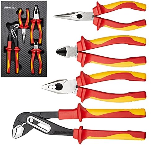 AKM 4-Piece 1000V VDE Insulated Tools Set - Pliers Set With Tongue & Groove, Diagonal Cutting, Long Nose, and Linesman Pliers