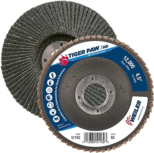 Weiler 51162 Tiger Paw XHD Super High Density Abrasive Flap Disc, Type 27 Flat Style, Phenolic Backing, Zirconia Alumina, 4-1/2" Diameter, 7/8" Arbor, 60 Grit, 12000 RPM (Pack of 10)
