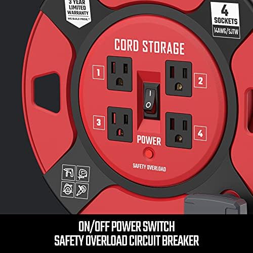 CRAFTSMAN Retractable Extension Cord Reel, 4 Outlets, Cable Management