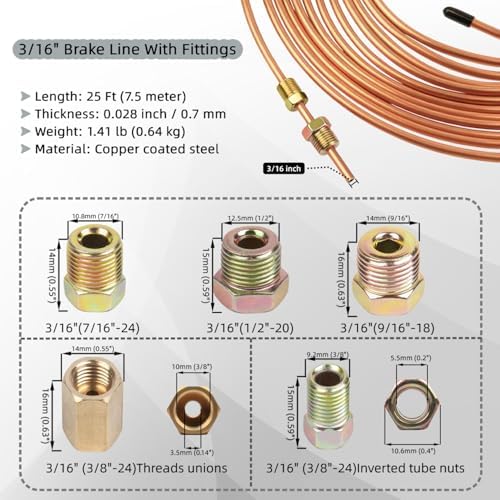 Wostore 25FT 3/16" Copper Coated Brake Line Kit & Flaring Tool, 24 Fittings
