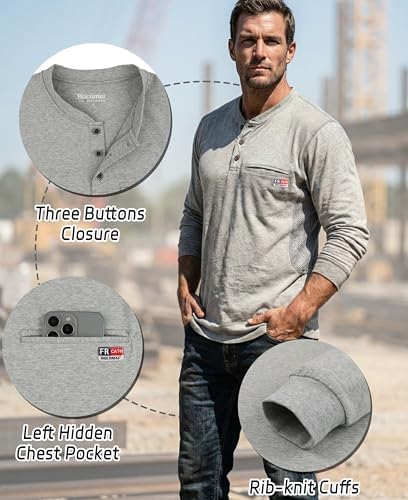 BOCOMAL FR Shirts for Summer Breathable Vented Mesh Flame Resistant Henley