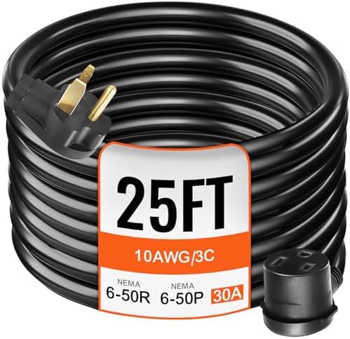 VEVOR Welder Extension Cord 30Amp 25ft 250V, Welding Power Cord with NEMA 6-50 Plug 10 Gauge 3 Prong for MIG,Lincoln,Plasma,Miller,TIG, Black