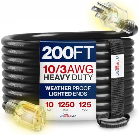 200ft Outdoor/Indoor Extension Cord 10/3 Gauge Ultra Heavy Duty 3 Prong SJTW, Waterproof, Flexible Cold-Resistant Long Power Cord,10A 125V 1000W, Black by LifeSupplyUSA