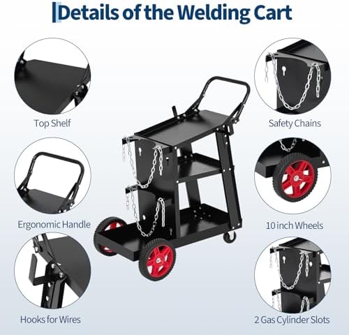 Heavy Duty Welding Cart, Rolling Welder Cart on Wheels for MIG TIG Welder & Plasma Cutter, Carbon Steel Weld Cart 220LB Capacity with Handle & Gas Tank Holder