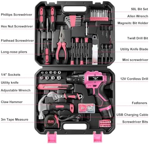 JENABOM Drill Set, 151-Piece Home Tool Set with 12V Pink Cordless Drill