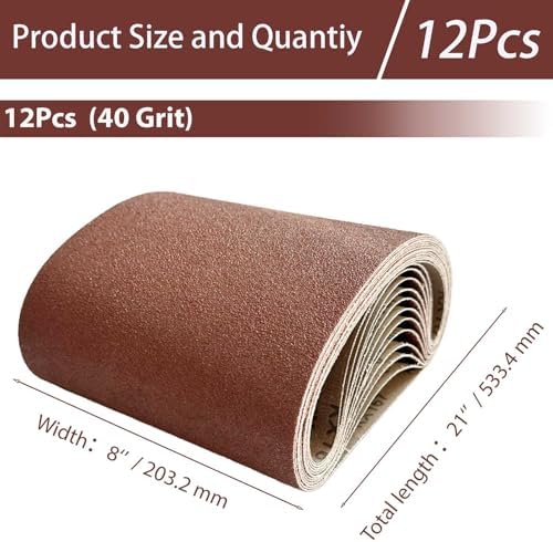 8x21 Inch 12Pcs 40 Grit Aluminum Oxide Sanding Belts, for Wood & Metal Removal, Heavy-Duty Sanding Belts with Butt Joint (12, 8x21 In-40Grit)