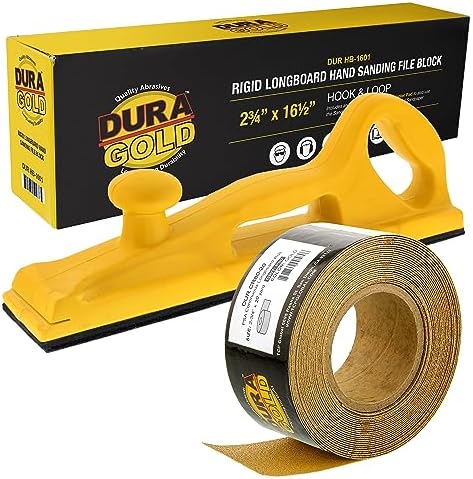 Dura-Gold Pro Series Rigid Longboard Hand Sanding File Block with Both Hook & Loop Backing and PSA Backing Conversion Adapter Pad with 80 Grit Gold PSA Longboard Sandpaper