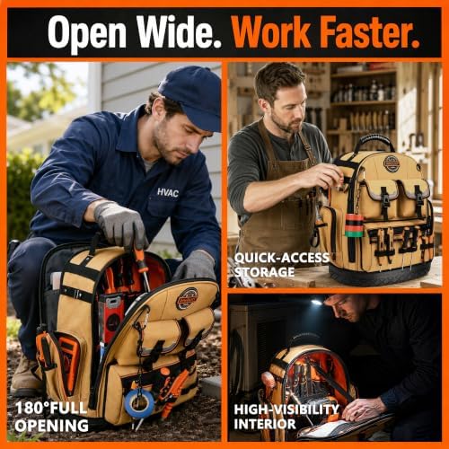 LOKASS Tool Backpack Heavy Duty, 18.5 in, 56 Pockets, Molded Bottom, Brown