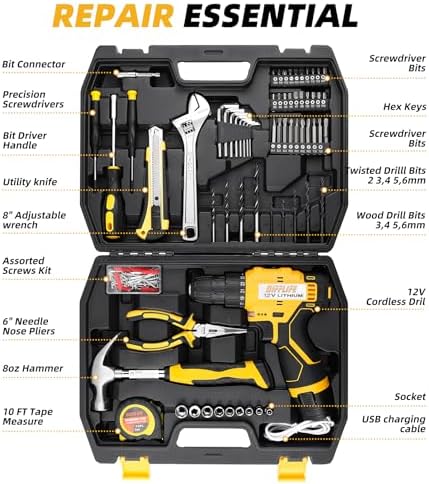 12V Drill Driver Power Tool Combo Kits with Cordless Drill, Professional Household Home Tool Kit Set, DIY Hand Tool Kits for Garden Office House Repair Yellow