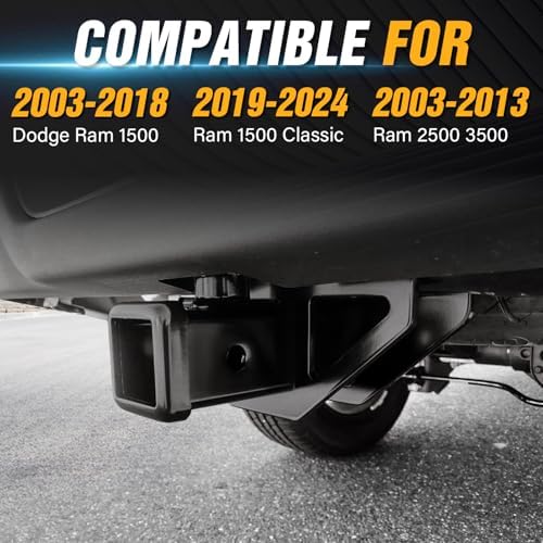 YZONA Tow Hitch 2 Inch, for Ram Hitch Trailer Kit, Class 3 III Rear Bumper Towing Receiver Compatible with 2003-2018 Dodge Ram 1500 & 19-24 Ram 1500 Classic & 03-13 Ram 2500 3500 Tow Combo with Cover