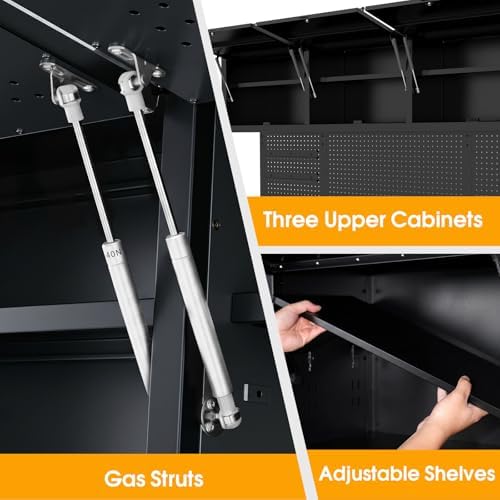 72” Rolling Tool Chest, Garage Cabinets Workbench with 10 Storage Drawers and Wheels, 3 Upper Cabinet, Pegboard, Light Strip, Steel Large Tool Box