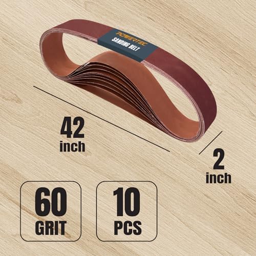 POWERTEC 2x42 Aluminum Oxide Sanding Belts, 10PK, 60 Grit 2 x 42 Sanding Belts for 2x42 Belt Sander, Grinder, Belt and Disc Sander, Knife Making, Woodworking, Metal Working (424206A)