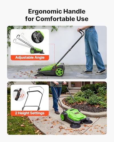 VEVOR Walk-Behind Hand Push Floor Sweeper, Manual Floor Sweeper Non-Electric with 25.6" Sweeping Width, 5 Gallons Waste Container & Adjustable Folding Handle for Yards Walkways Patios Garages - Green