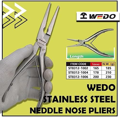 WEDO Long Nose Pliers,Stainless Steel Needle Nose Pliers,Spring Loaded,Length 165mm(6.5"),Precision Extra Long Needle Nose Plier with Wire Cutters,Corrosion Resistant,Comfort Grip Handles