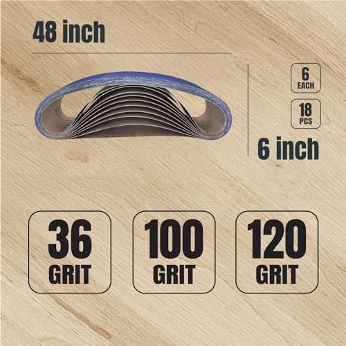 POWERTEC 6 x 48 Inch Zirconia Sanding Belts, 6 Each of 36/100/120 Grits, 18PK, Belt Sander Sanding Belt Assortment for Bench Sander, Belt and Disc sander, Woodworking, Metal Grinding (464801Z-P2)