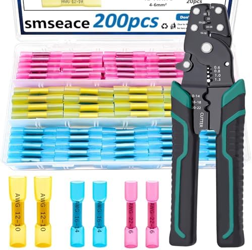 smseace 200PCS Heat Shrink Butt Connector with Crimping Tool 22-10AWG Waterproof Electrical Wire Crimp Connectors for Automotive Boat Stereo Industrial Equipment