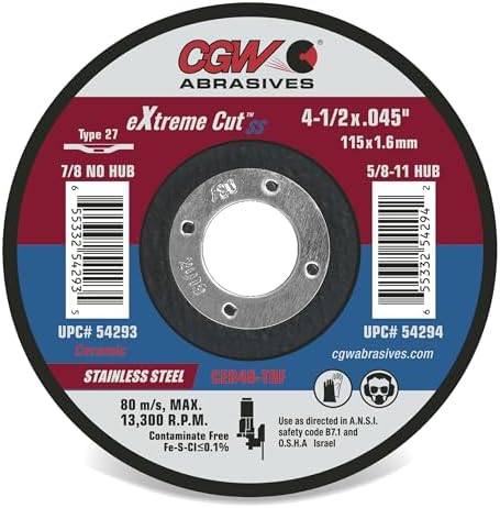CGW Abrasives Extreme Cut Ceramic Cutting Wheels, Stainless Steel - 54293-41/2X.045X7/8 T27 CER46-T-BF - (25 Pack)