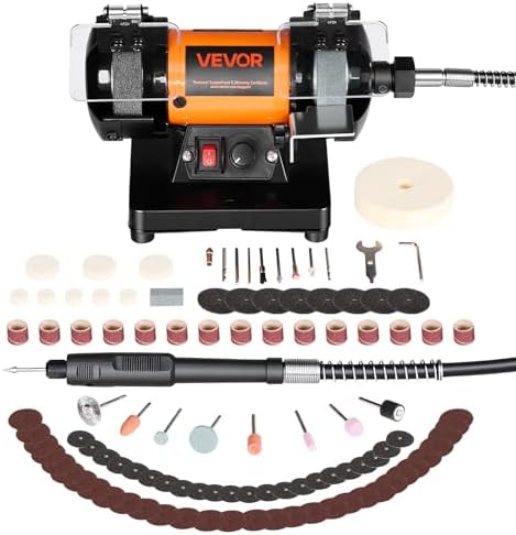 VEVOR Bench Buffer Polisher, 8300-10600 RPM Adjustable Speed, Polishing & Buffing Machine with Grinding, Fiber, and Wool Wheels, 100-Piece Accessory Kit, for Jewelry, Wood, Metal, Raw Stone, Jade DIY
