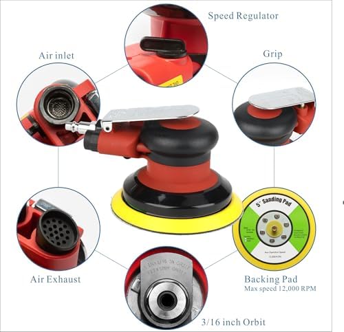 5 inch Air Random Orbital Sander, MAX 12000 RPM 3/16" Orbit Heavy Duty Dual Action Pneumatic Palm Sander, for Auto Body Woodworking Metal, with 10 Sandpapers & Extra Backing Pad