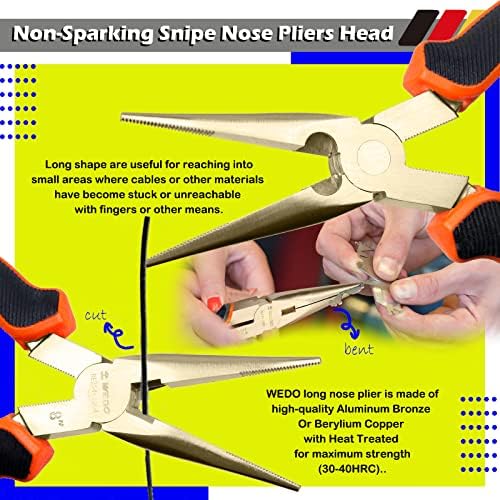 WEDO Non-Sparking Needle Nose Pliers 8", Precision Long Nose Pliers, Snipe Nose Pliers with Wire Cutters, DIN Standard, BAM & FM Certificate, Aluminum Bronze