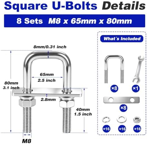 8 Pcs Heavy Duty M8 Square U Bolts Kit, 2.5 Inch Wide 304 Stainless Steel U-Bolt with Frame Plates and Washers, Marine Grade U Bolt M8 x 65mm W x 80mm L Trailer Axle Clamp