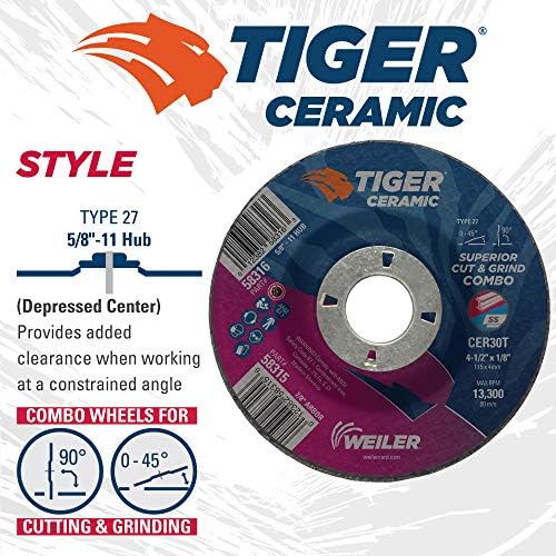 Weiler 58316 4-1/2 x 1/8 Tiger Ceramic Type 27 Cut Off/Grind Combo Wheel CER30T 5/8-11 Nut (Pack of 10)