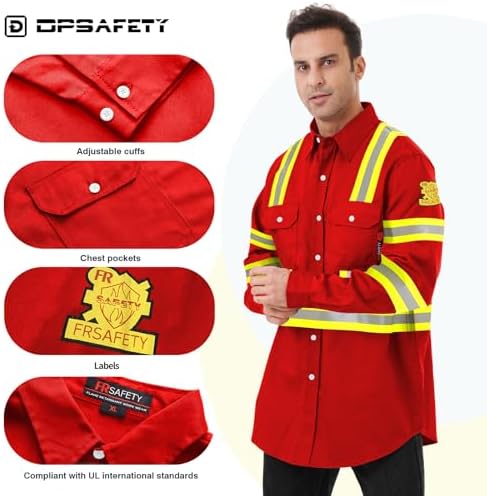 FR Shirts for Men 7oz High Visibility Fire Resistant Shirts CAT2 Welding Shirt 100% Cotton Hi Vis Flame Resistant Shirt Red(5X-Large)