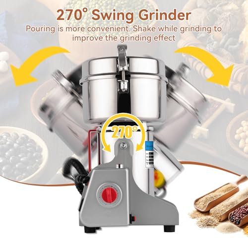 3000W Grain Mill- 32000 RPM High-Speed 1000g Electric Stainless Steel flour mill with 270° Swing Grinding for Grains, Millet, Spices & Coffee - Ideal for Kitchen and Commercial Use