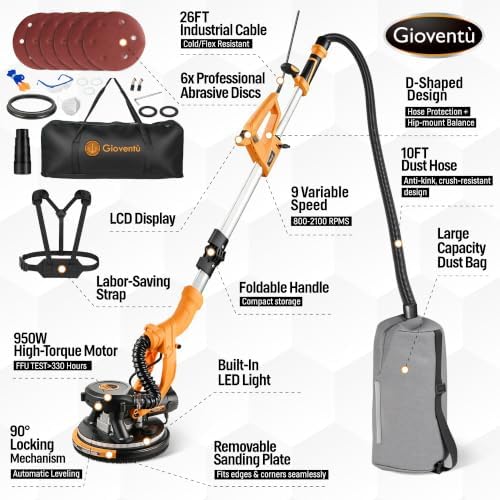 Dustless Electric Drywall Vacuum Sander, 950W 8.5A for Ceiling/Wall